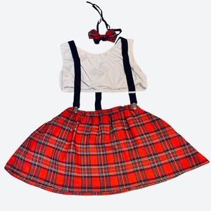 Women’s 4 Piece Set Nerdy Schoolgirl Red Plaid Skirt w Suspenders.Sz XL SKU 594